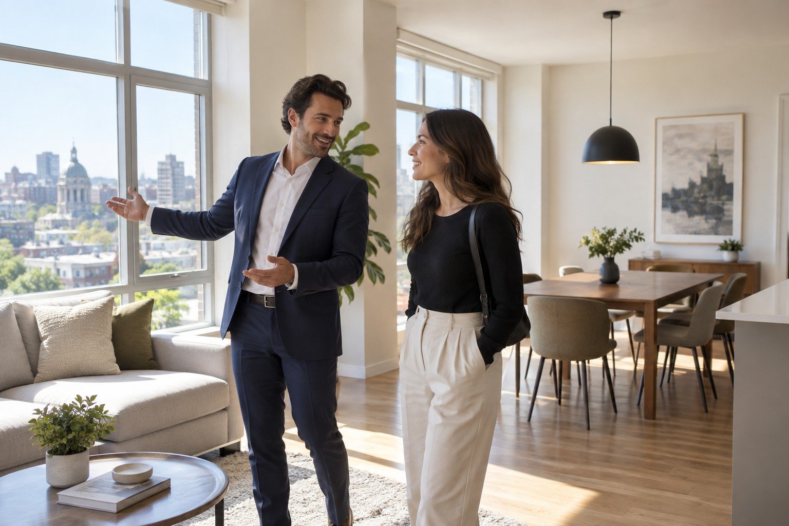 Illustration d’un agent en costume présentant un appartement à une personne intéressée